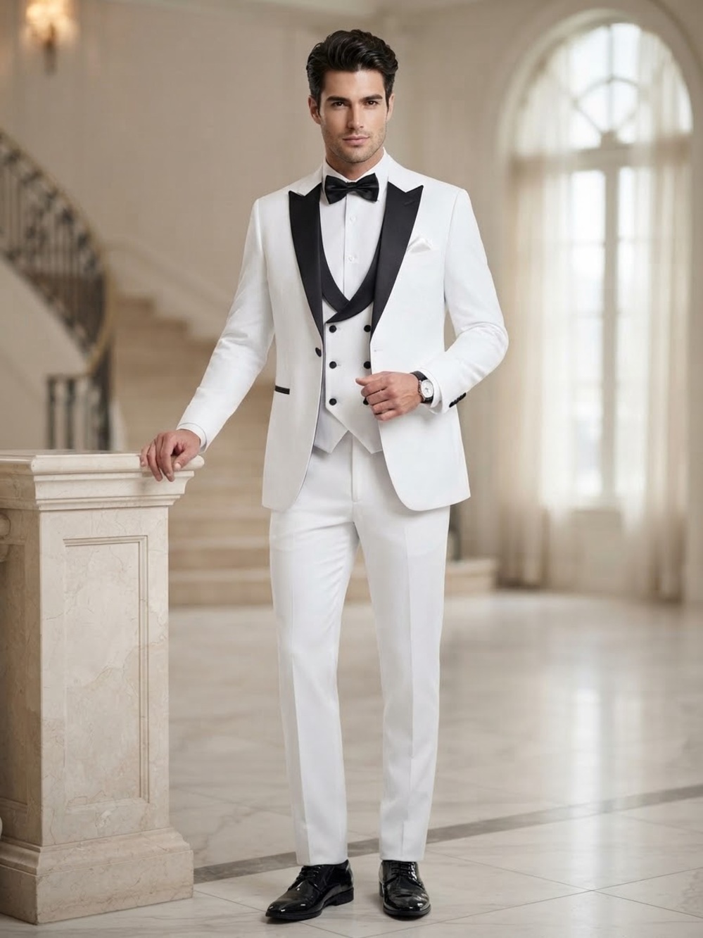 White Tuxedo Suit with Black Satin Lapel and Vest size M